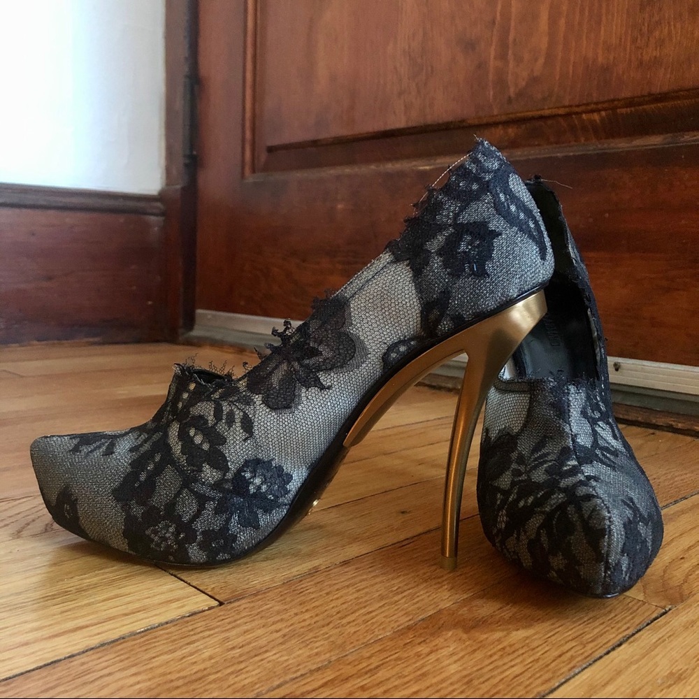 Armani grey and black lace gold stiletto heels